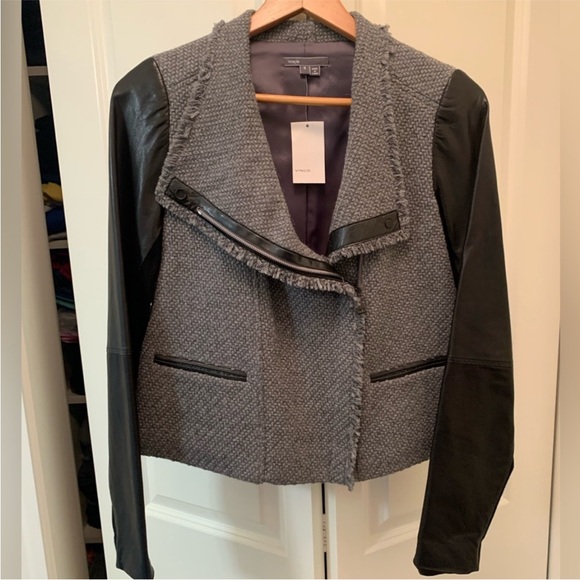 VINCE leather and wool jacket scuba moto tweed jacket gray Black NEW sz SM RARE - Picture 2 of 16